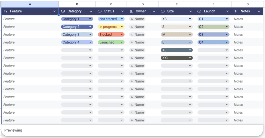 Google Sheets Table Templates - Product Prioritization